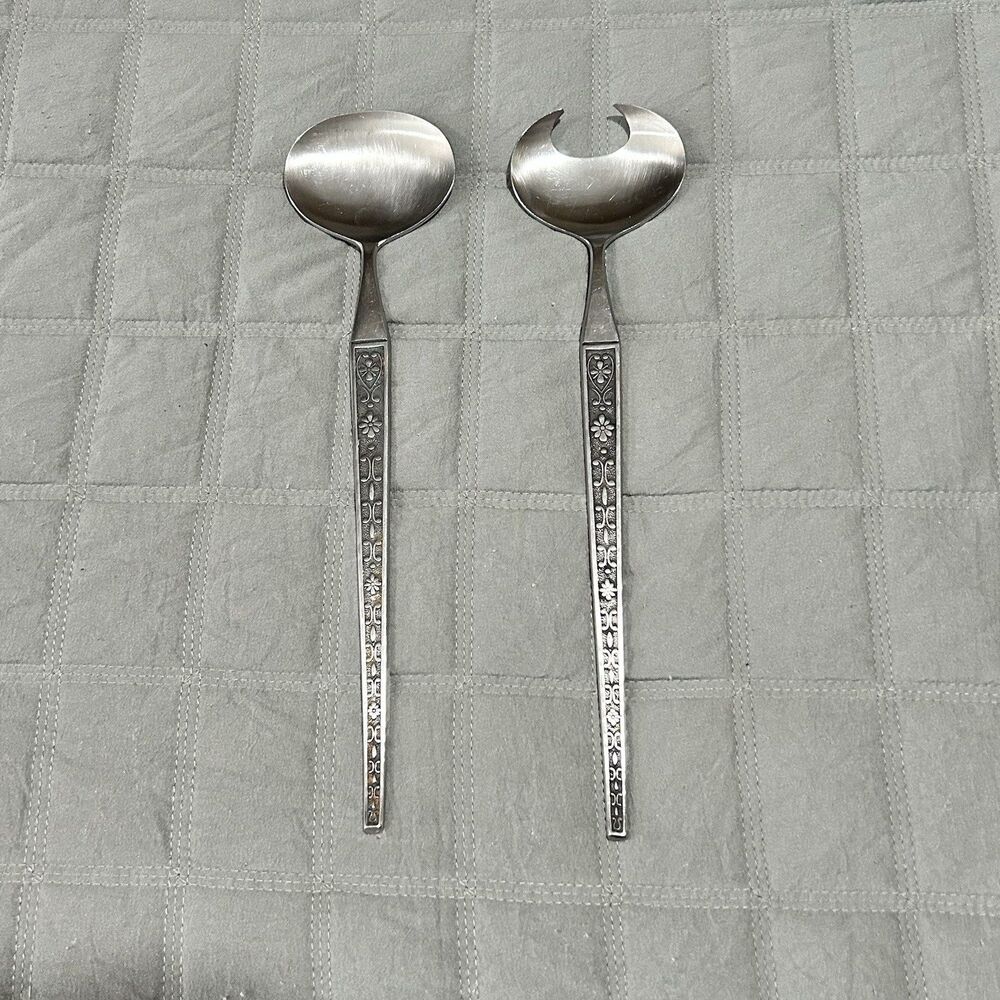 Vintage MCM Salad Serving Spoons Japan Solid Stainless Steel Utensils Set 11”